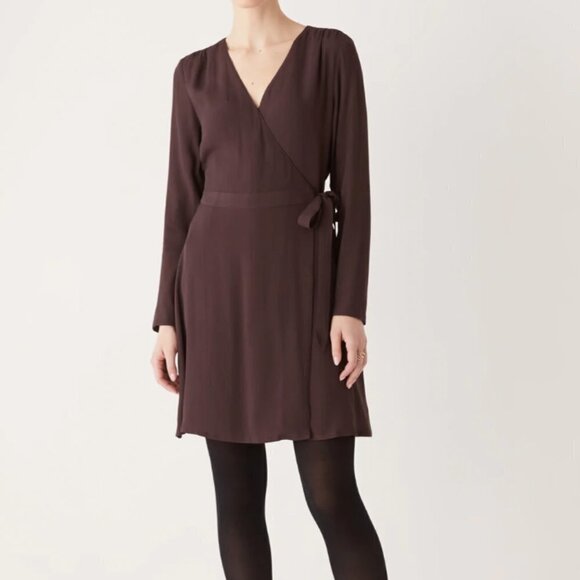 FRANK AND OAK THE WRAP BELTED MINI DRESS IN CHOCOLATE SHIMMER BROWN - S - Picture 1 of 12